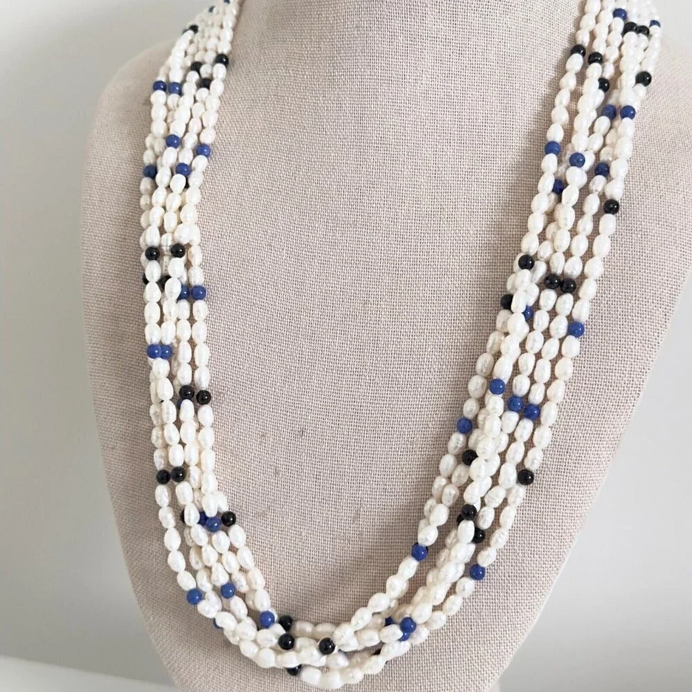 Vintage 14k Yellow Gold Pearl 6 Row Multi Strand Onyx Lapis Statement Necklace